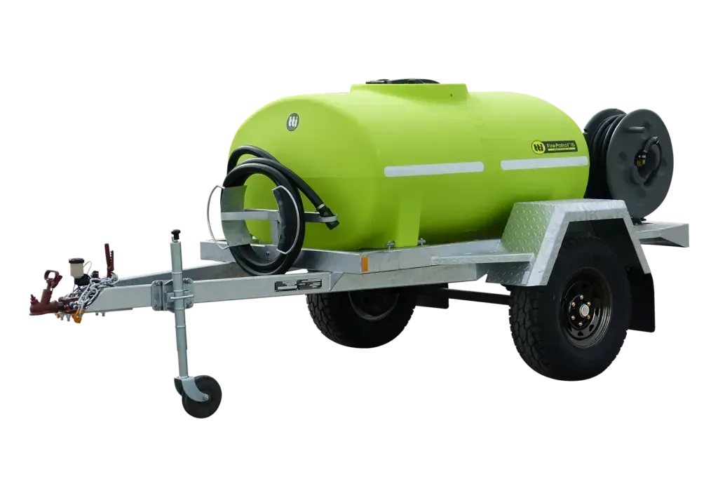Green Water Tank on a Trailer, Black Wheels, Grey Frame — JC Hire in Bli Bli, QLD