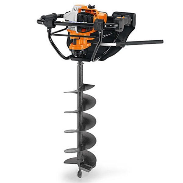 Orange and black gas-powered auger for drilling holes in the ground.