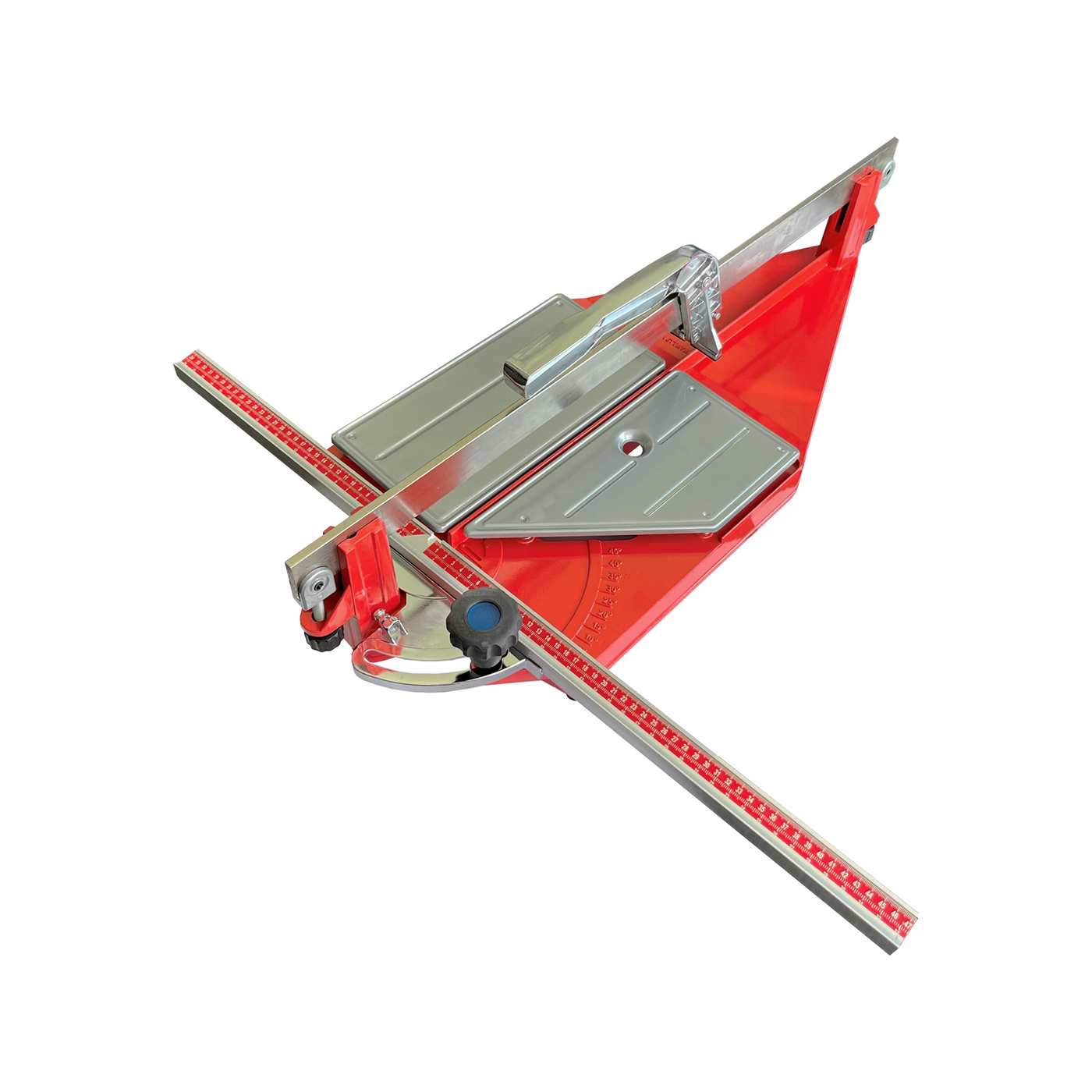 Red and silver tile cutter with a measuring guide.