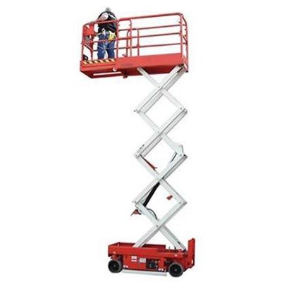 Red LCMC 3030T scissor lift on a trailer with black ramps, white wheels.