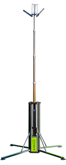 A portable telescoping antenna, standing on a tripod base. Green and silver with antennas at the top.