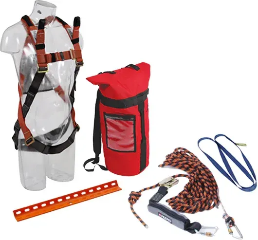 Fall protection kit: safety harness on a mannequin, rope, anchor, level, and tool bag.
