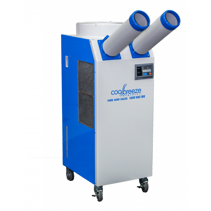 Blue and white Coolbreeze portable air conditioner with two air ducts on a white background.