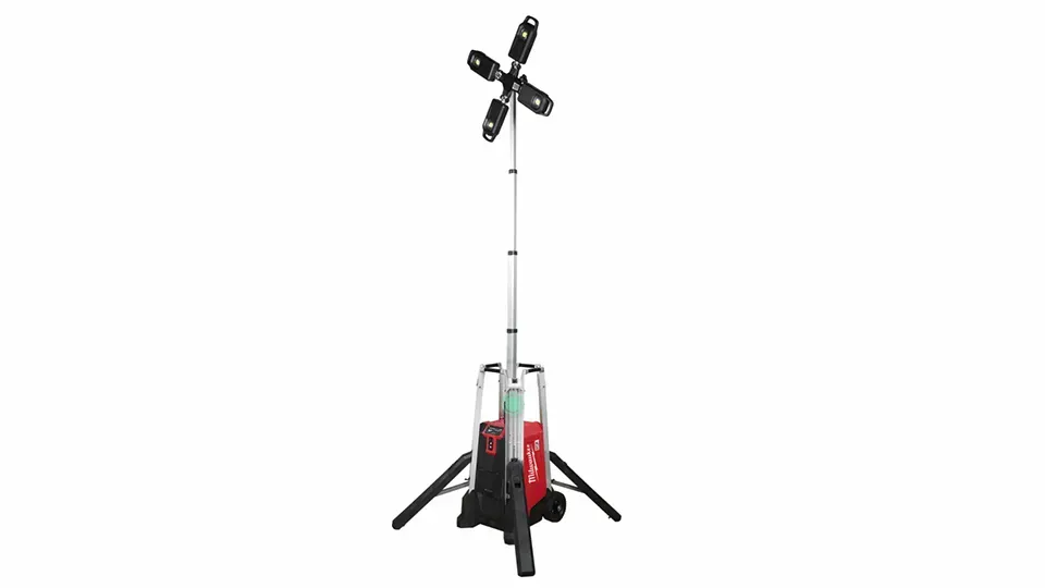 Red and black telescoping work light on tripod base.