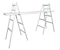 Aluminum scaffolding with a plank platform, ready for use.