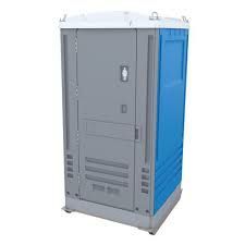 Portable toilet, gray and blue plastic construction with a white roof.