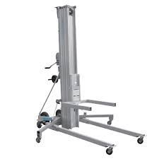 Silver material lift with extendable forks and wheels.