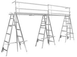 Aluminum scaffolding with a plank platform, ready for use.