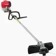 Gas-powered string trimmer, red engine, black guard, silver shaft, and black handle.