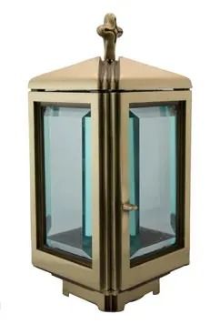 Brass hanging lantern with glass panels and a pointed top, shown on a white background