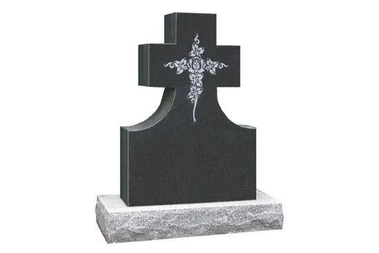 Black granite headstone with a decorative cross on a gray base