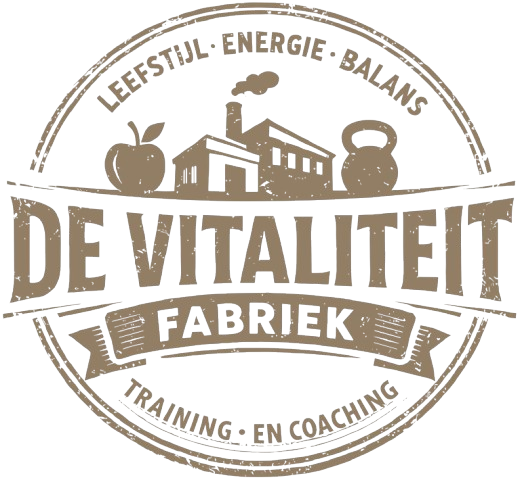 Logo voor De Vitaliteit Fabriek met fitnessiconen en Nederlandse tekst over lifestyle, energie, balans, training en coaching.