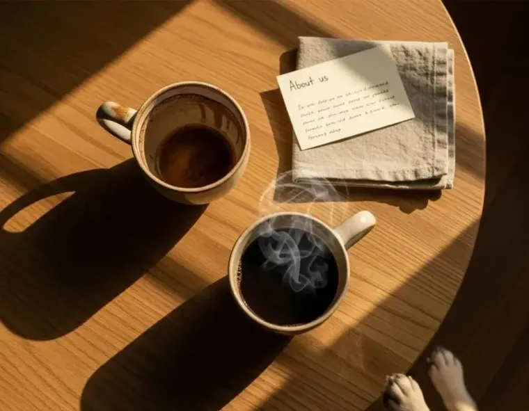 Two coffee mugs on a sunlit wooden table beside folded cloth and a handwritten note
