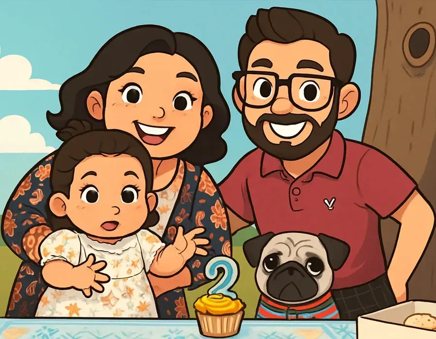 Happy family portrait with a baby, smiling adults, a pug, and a cupcake with a blue candle outdoors