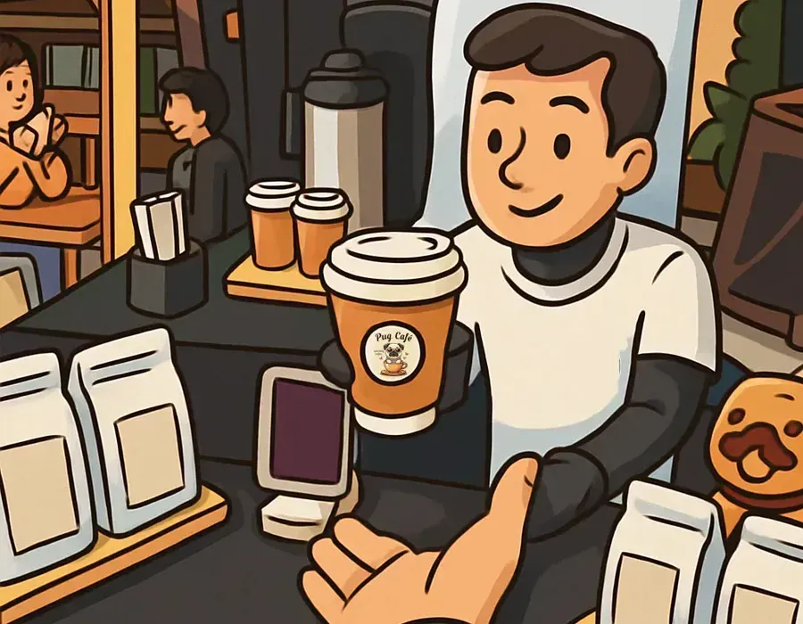 Barista handing a coffee cup at a café counter with pastries and menu boards nearby