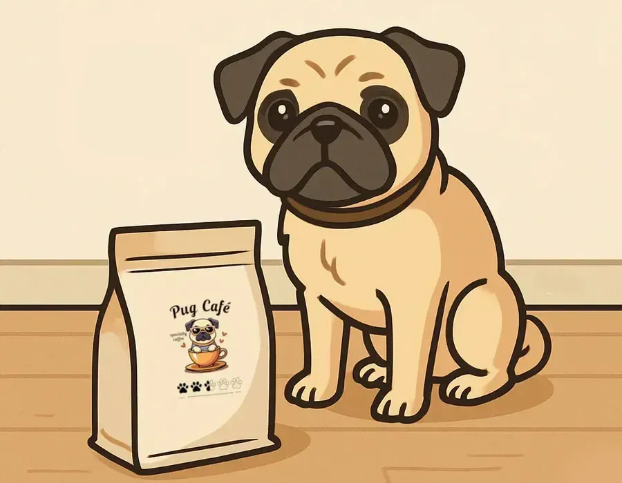 Cartoon pug sitting beside a white coffee bag on a wooden floor