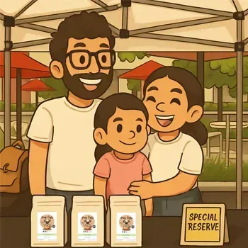 Three smiling people at a booth with small bottles and a “Special Recipe” sign