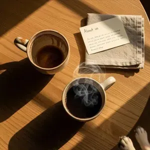 Two mugs of coffee on a sunlit wooden table beside a folded cloth and note card.