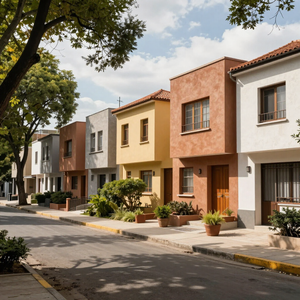 Calle residencial tranquila con coloridas casas adosadas de estuco, árboles y coches aparcados bajo un cielo parcialmente nublado.