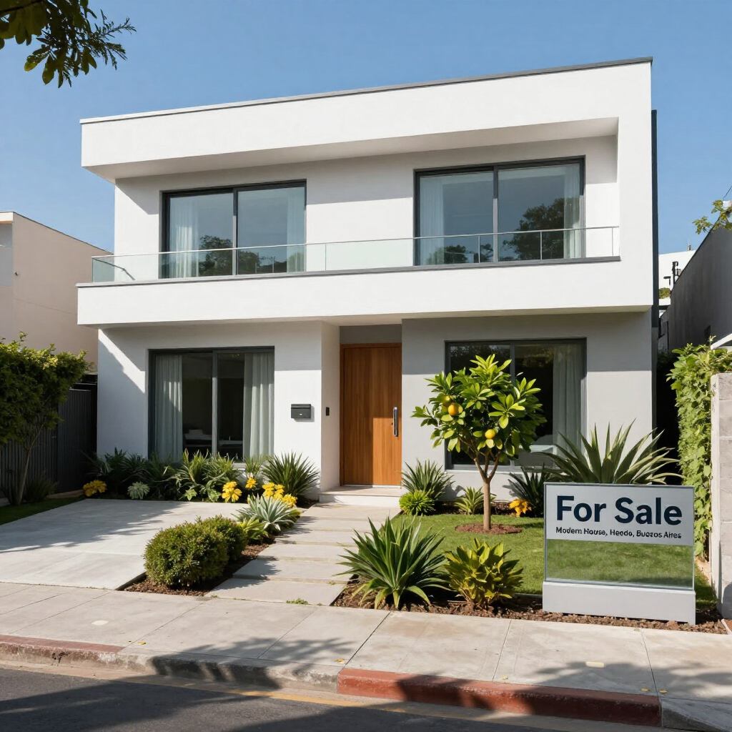 Casa moderna blanca de dos plantas con jardín delantero y cartel de