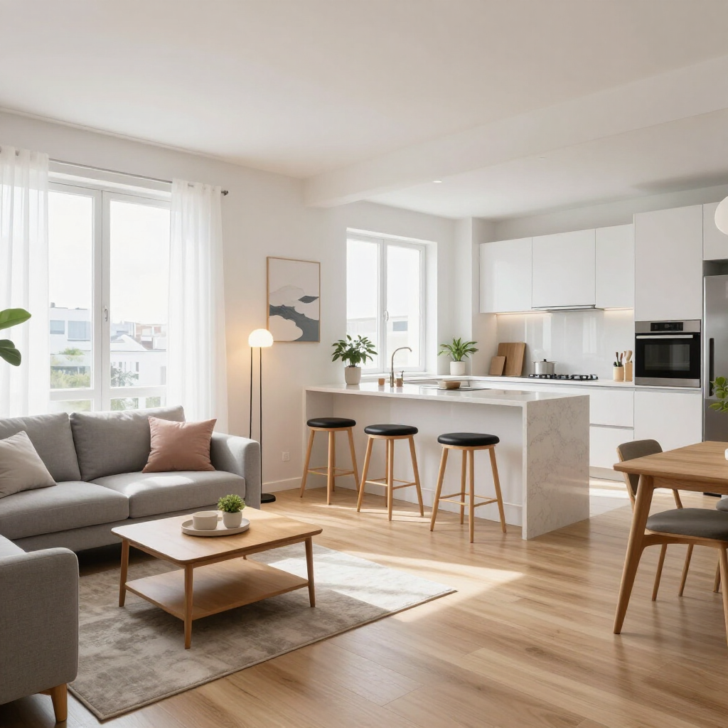 Sala de estar moderna y luminosa con sofá gris, mesa de centro de madera y cocina blanca con taburetes en la isla.