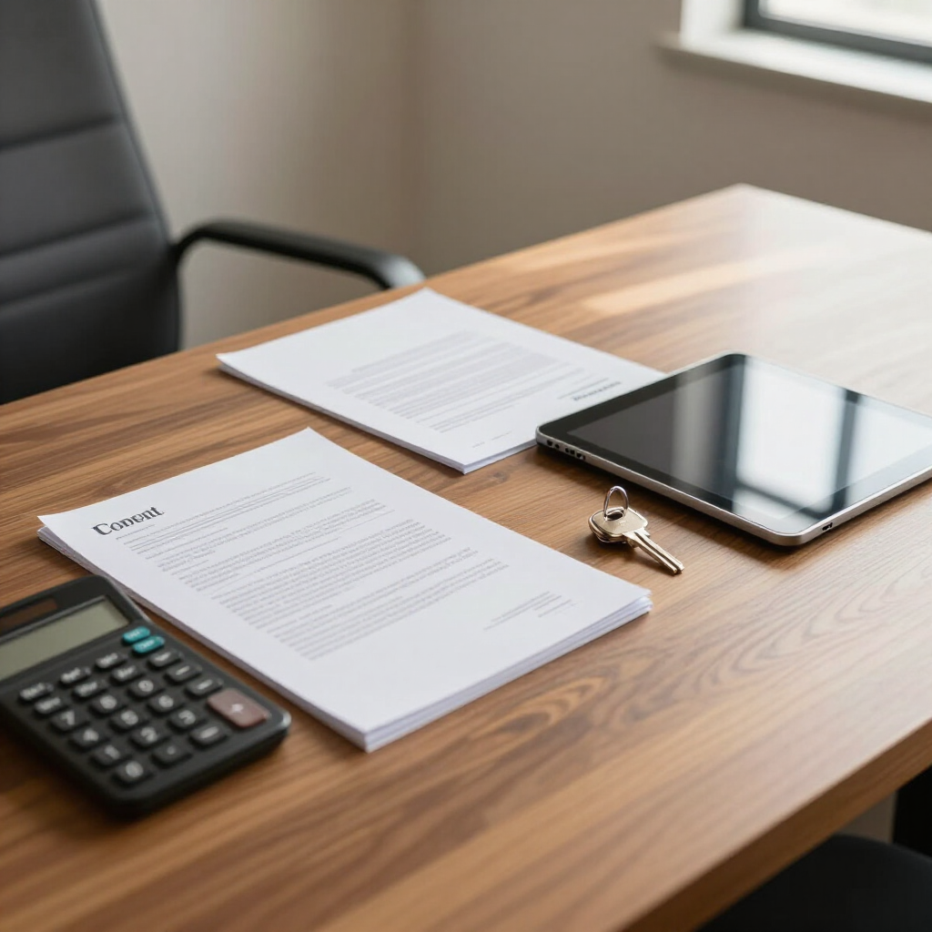 Escritorio de oficina con documentos, calculadora, tableta y llaves del coche sobre una mesa de madera.