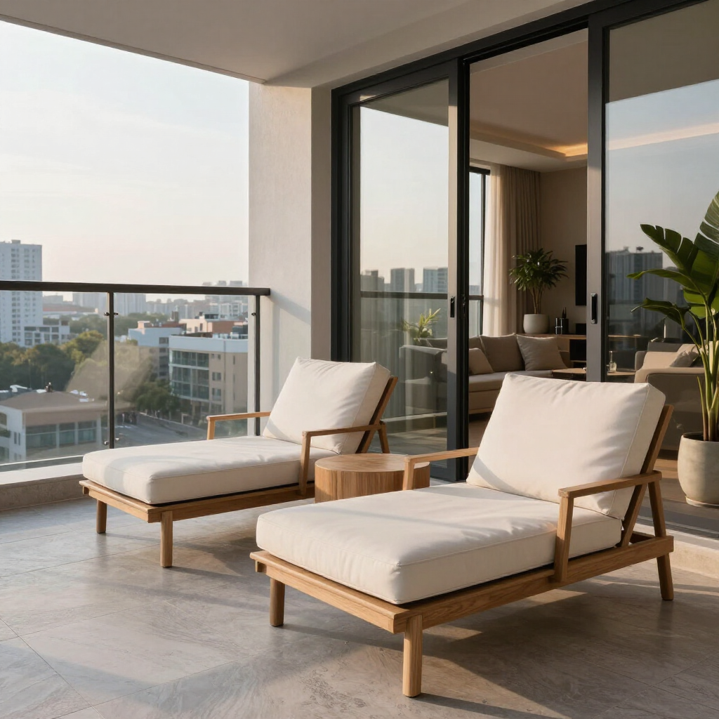 Balcón moderno con dos tumbonas acolchadas, puertas de cristal y vistas a la ciudad al atardecer.