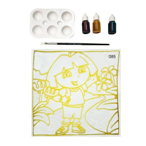 Dora the Explorer paint kit: outline of Dora, paint palette, brushes, and three paint bottles.