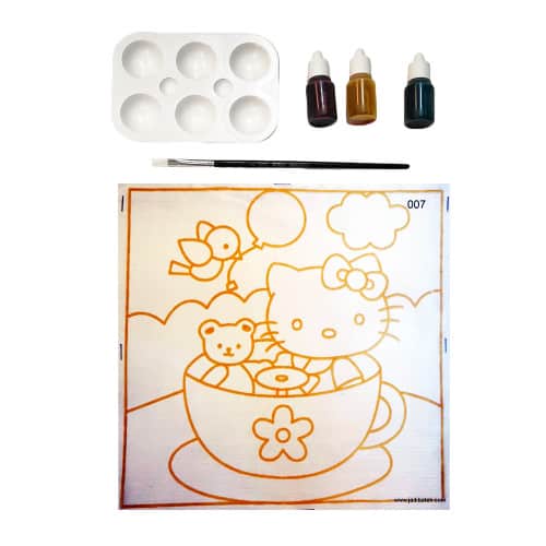 Painting kit featuring a Hello Kitty design with paints, palette, brush, and outlined artwork.