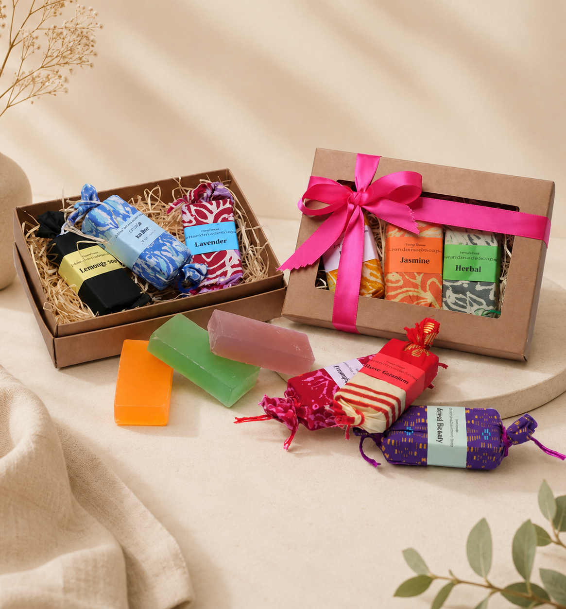 Handmade Malaysian batik soap gift set featuring natural gamat soaps wrapped in colourful batik fabric, beautifully presented in premium gift box packaging for corporate gifts, weddings, and special occasions.
