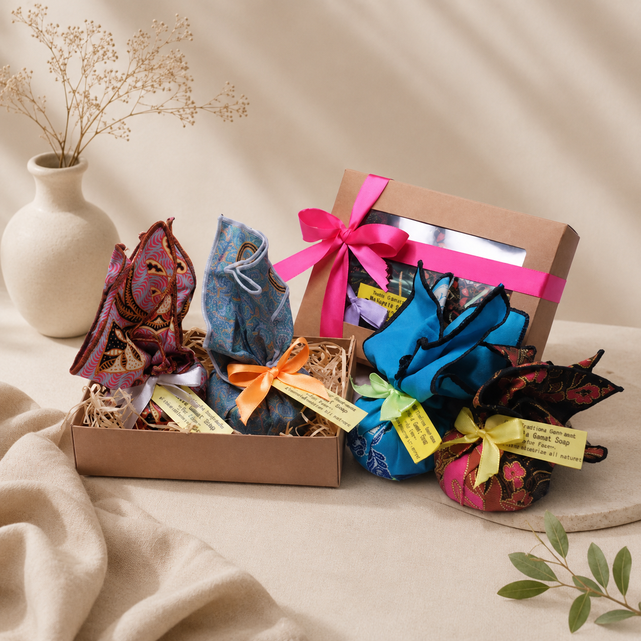 Handmade batik gift set featuring colourful batik-wrapped soaps and wellness gifts in premium kraft packaging, perfect for corporate gifting, weddings, door gifts, and special occasions.