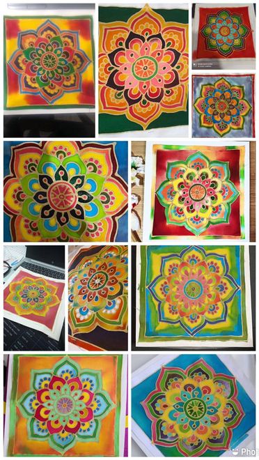 Collage of colorful mandala paintings with floral patterns on square backgrounds.