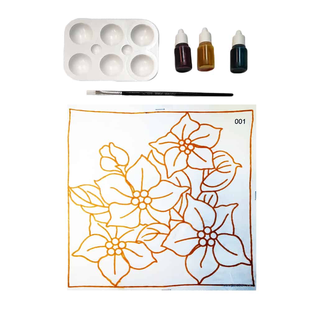Batik painting kit: Flowers outline on fabric, paint, palette, brush.