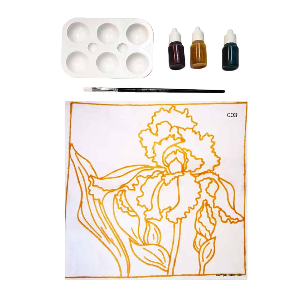 Painting kit: floral outline on fabric, paint, palette, brush.