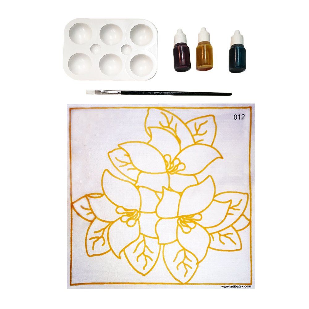 Paint-by-number kit with floral design, paints, palette, and brush.