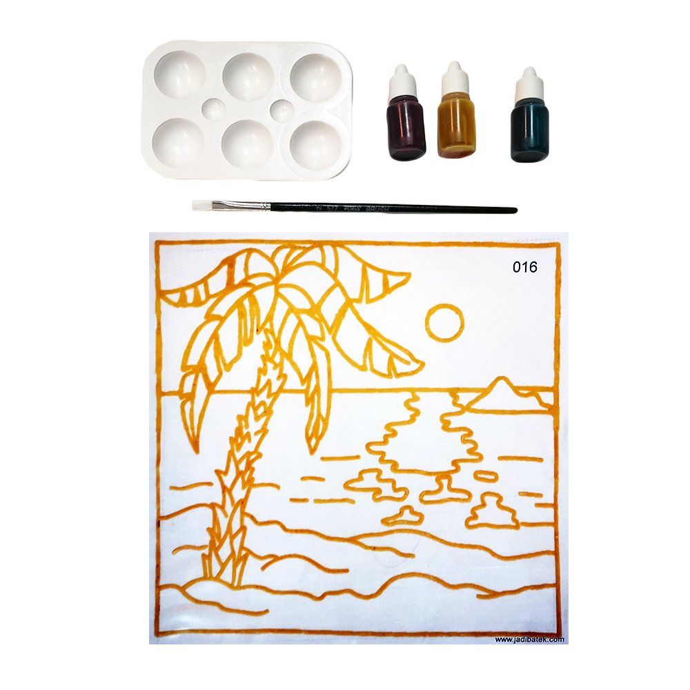 Painting kit with palm tree outline, paint palette, brushes, and three colored paints.