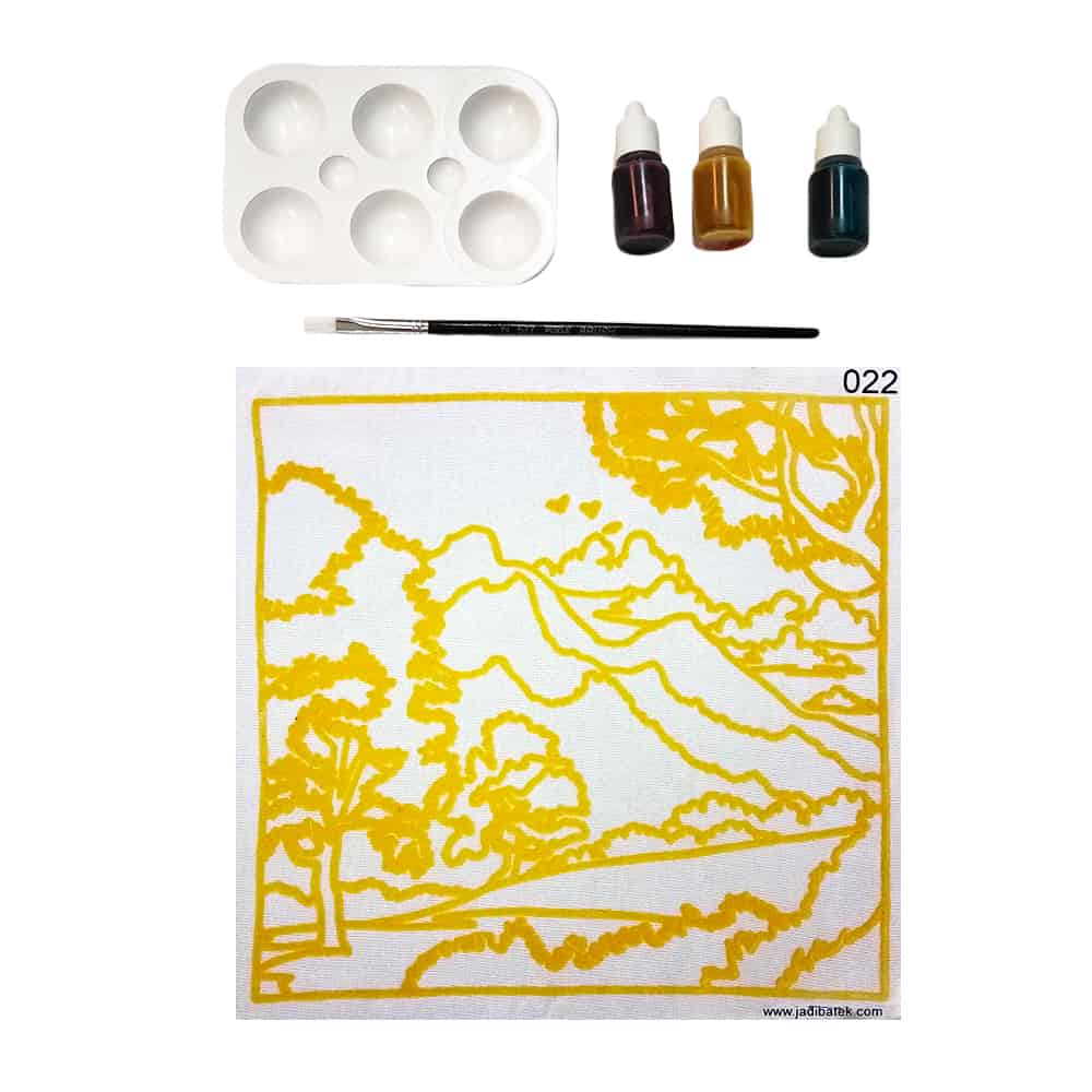 Paint-by-number kit: palette, paint, brush, and landscape outline in yellow on canvas.