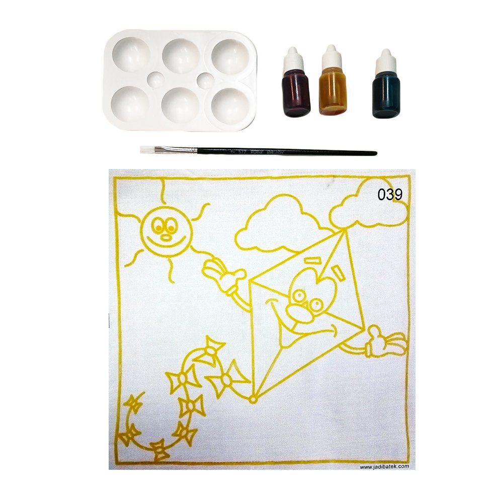Painting kit with a kite design; includes paints, a palette, and a brush.