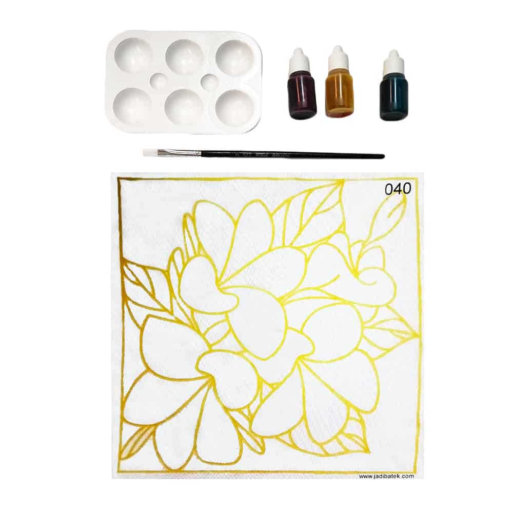Painting kit with flower outline, paint, palette, and brush.