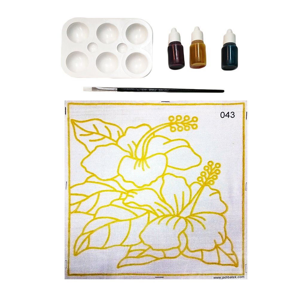 Painting kit with hibiscus outline. Palette, paints, brush, and D43 canvas.