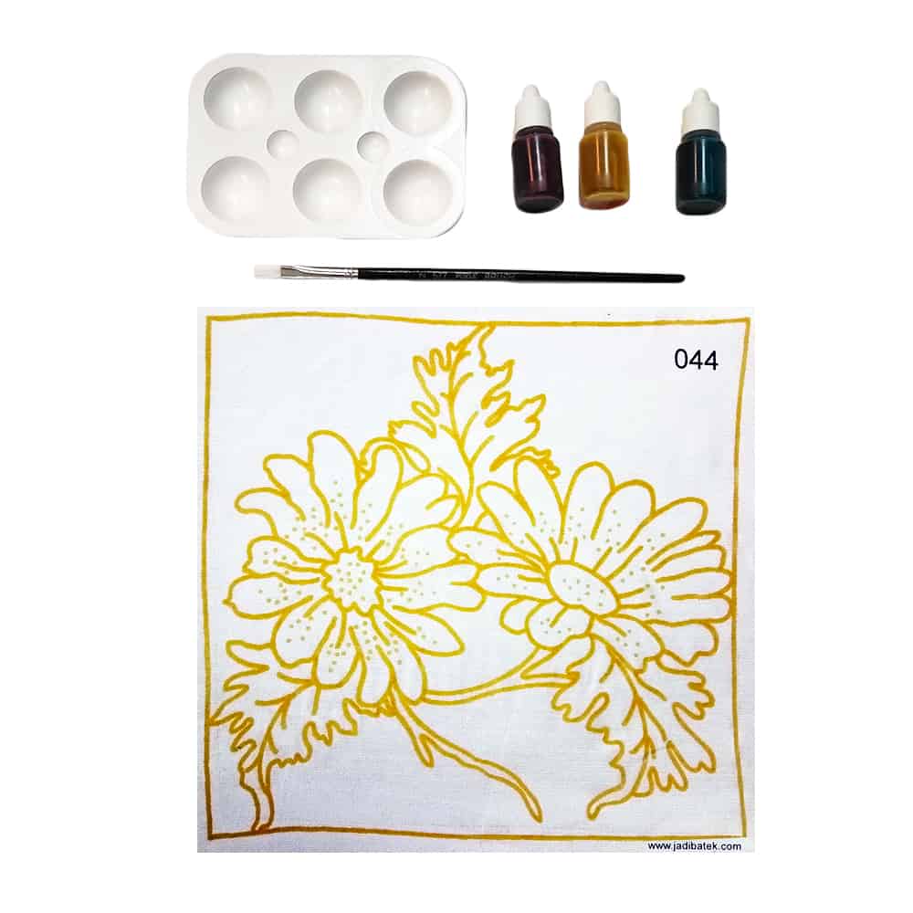Paint-your-own flowers kit: white fabric, yellow outline, paints, palette, brush.