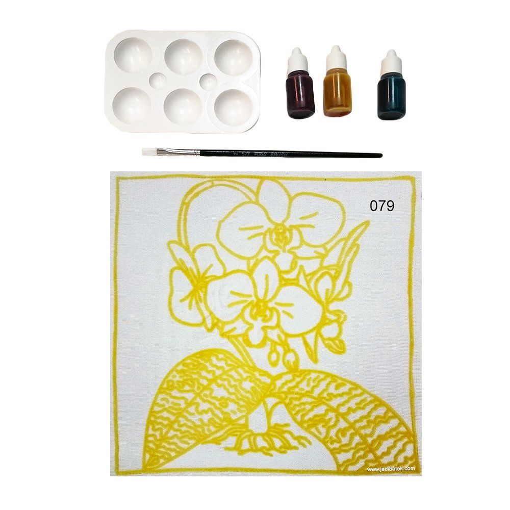 Paint-by-numbers kit with yellow orchid outline, paint palette, paints, and brush.