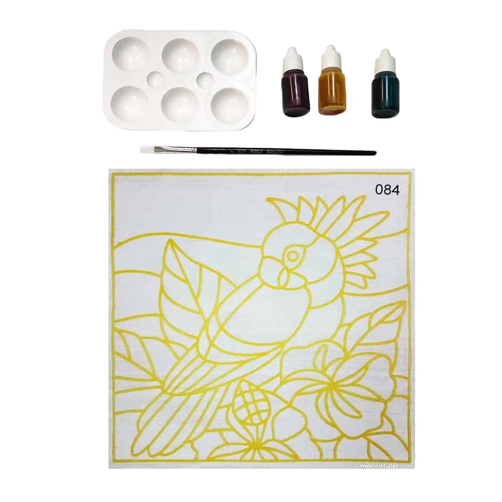 Painting kit with bird outline, paint, palette, and brush.