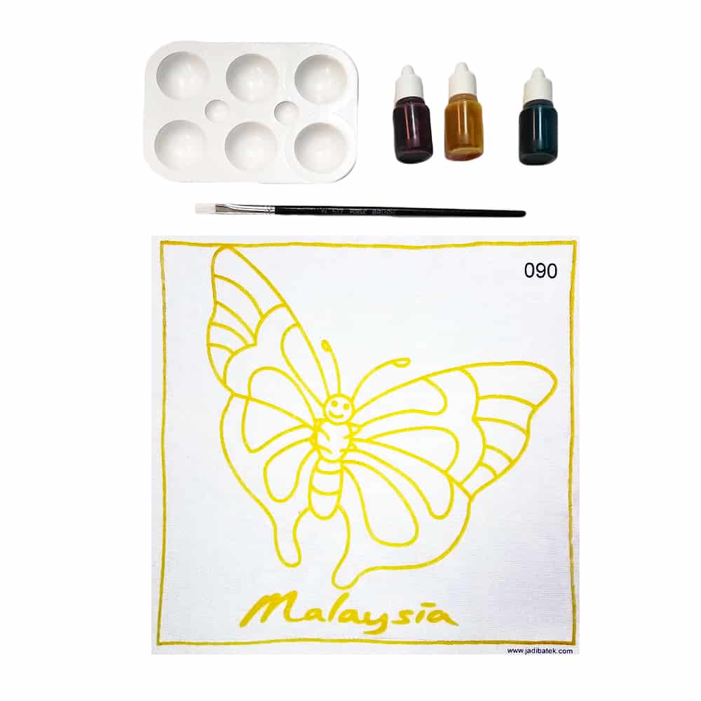 Butterfly painting kit with yellow outline, paints, palette, brush, and 