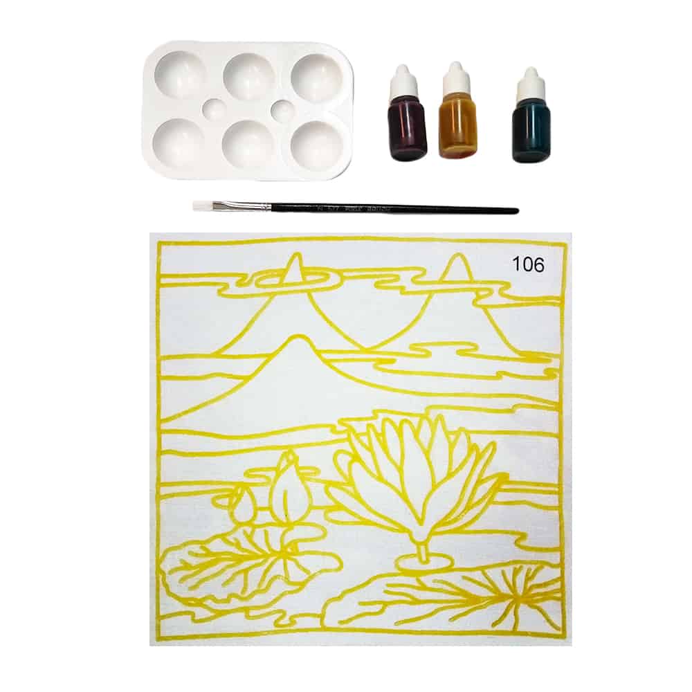 Painting kit with mountain/lotus outline: paint palette, brushes, three ink bottles.