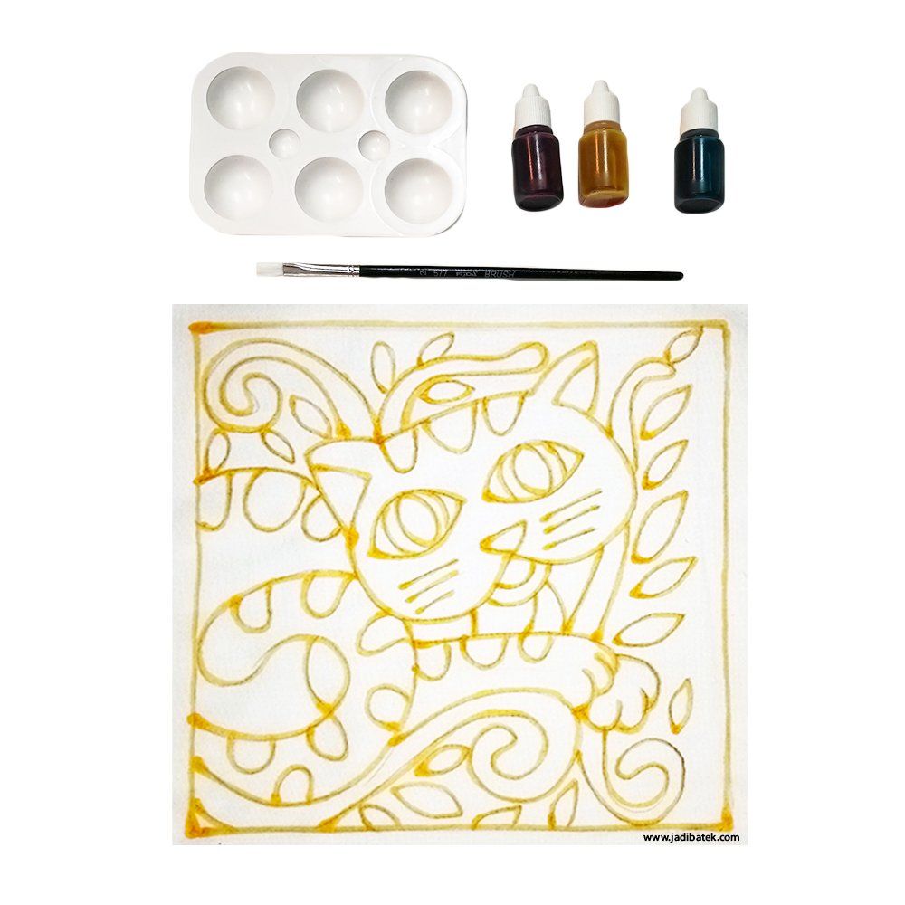 Painting kit: cat outline with paint, palette, brush, and bottles.