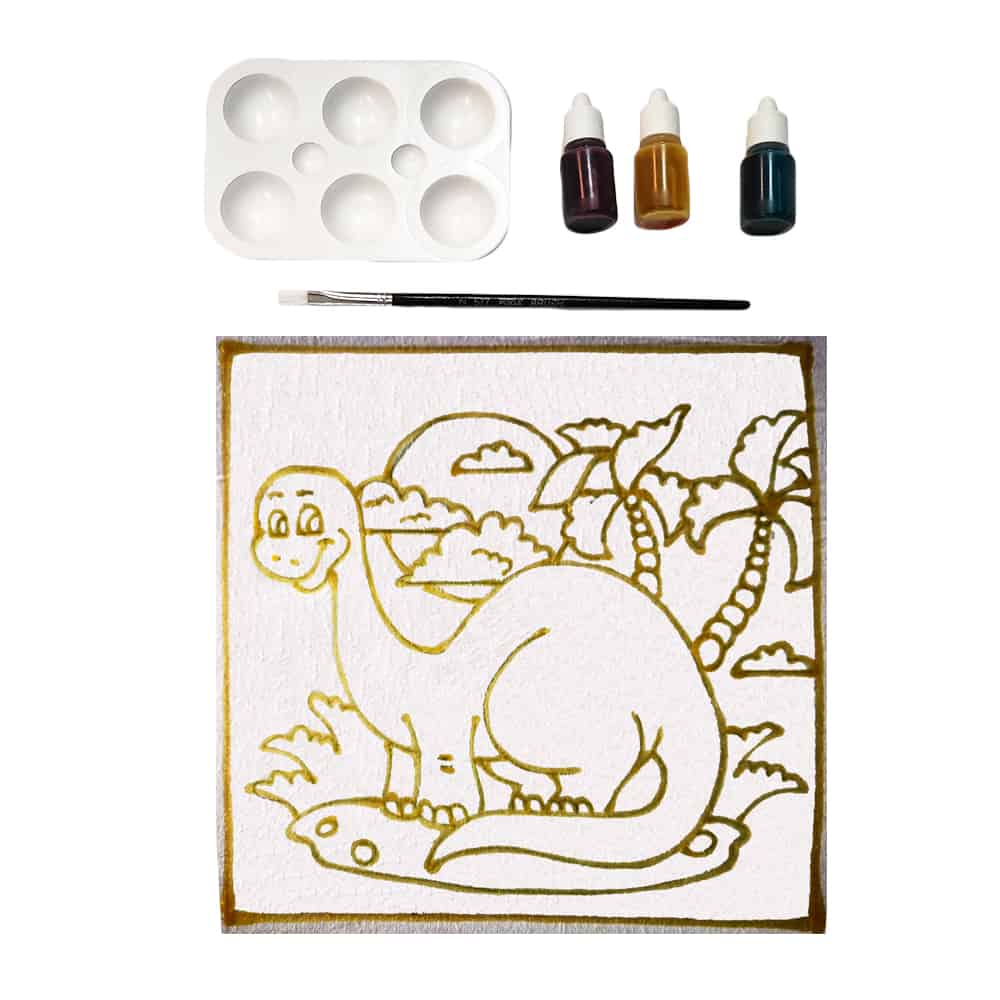 Dinosaur paint-your-own canvas kit: canvas with gold outline, paint palette, brushes, and paint bottles.