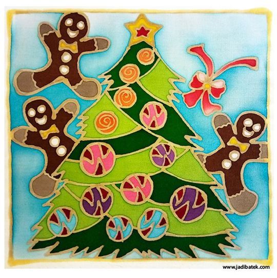 Gingerbread men dance around a Christmas tree with ornaments and a red bow; blue background.