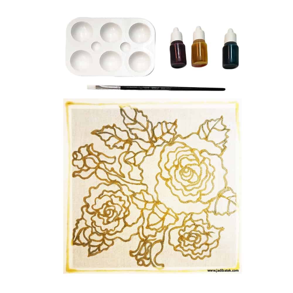 Art kit: canvas with gold rose outline, paint, palette, and brush.