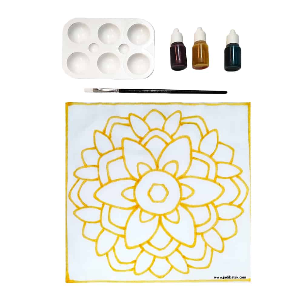 Painting kit with mandala canvas, paint palette, brush, and ink bottles.